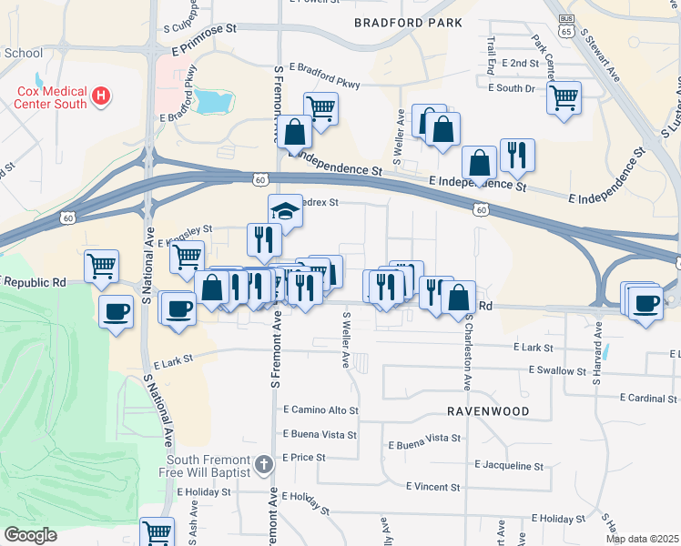 map of restaurants, bars, coffee shops, grocery stores, and more near 1520 East Bates Street in Springfield