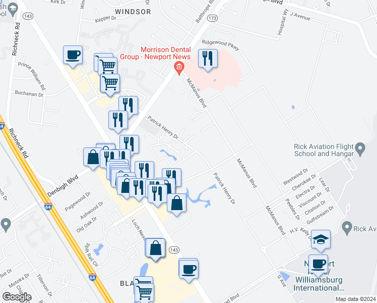 map of restaurants, bars, coffee shops, grocery stores, and more near 805 Horizon Lane in Newport News