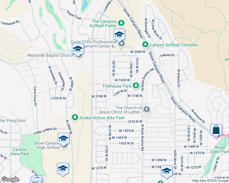 map of restaurants, bars, coffee shops, grocery stores, and more near 1756 North 2065 West in St. George