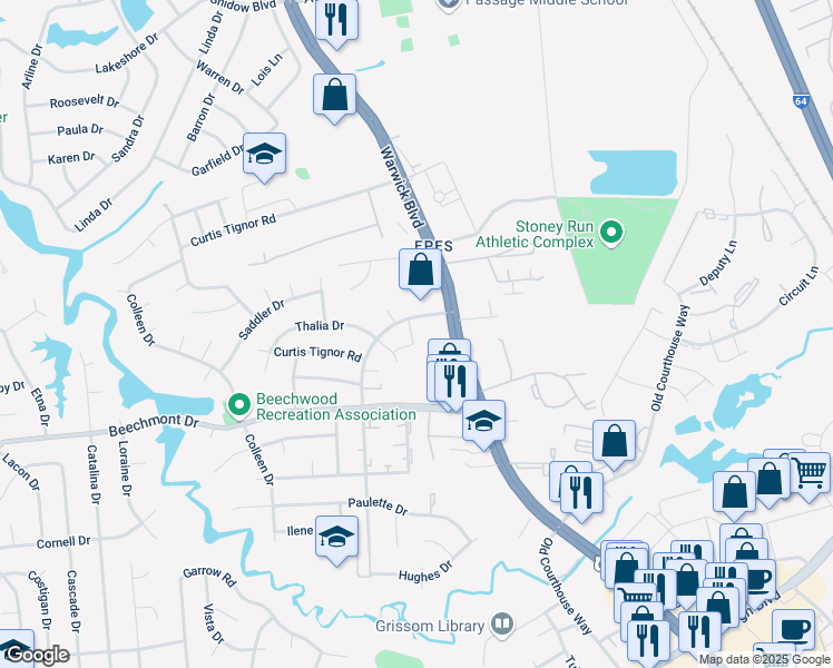 map of restaurants, bars, coffee shops, grocery stores, and more near 363 Georgetown Loop in Newport News