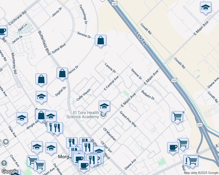 map of restaurants, bars, coffee shops, grocery stores, and more near 670 East Central Avenue in Morgan Hill