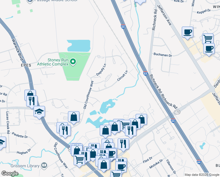 map of restaurants, bars, coffee shops, grocery stores, and more near 379 Circuit Lane in Newport News