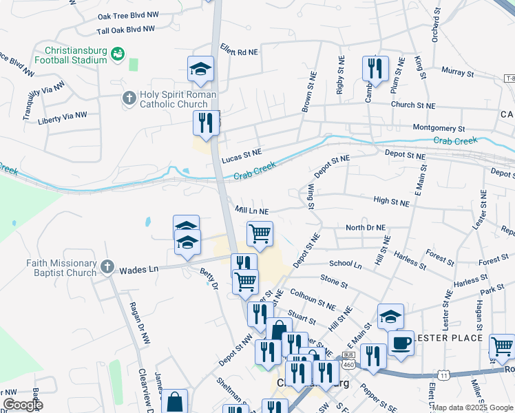 map of restaurants, bars, coffee shops, grocery stores, and more near 160 Mill Ln in Christiansburg