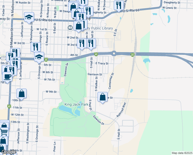 map of restaurants, bars, coffee shops, grocery stores, and more near 609 South Hall Street in Webb City
