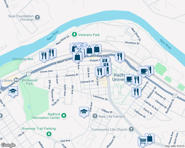 map of restaurants, bars, coffee shops, grocery stores, and more near 1109 Downey Street in Radford