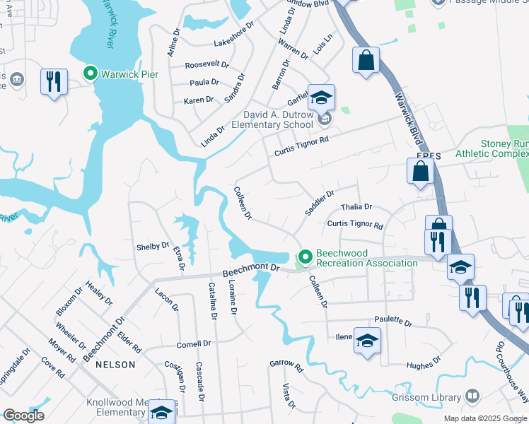 map of restaurants, bars, coffee shops, grocery stores, and more near 211 Ada Terrace in Newport News