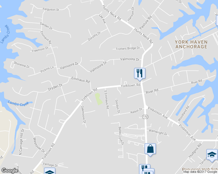 map of restaurants, bars, coffee shops, grocery stores, and more near 844 Yorktown Road in Poquoson
