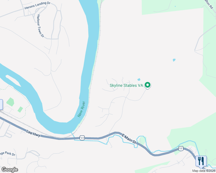 map of restaurants, bars, coffee shops, grocery stores, and more near 516 Meadow Ridge in Radford