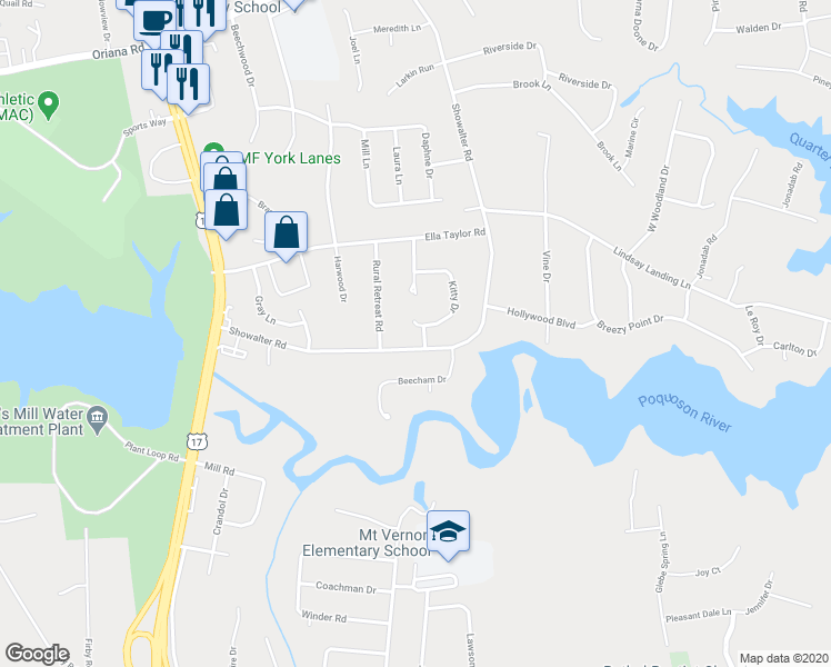 map of restaurants, bars, coffee shops, grocery stores, and more near 103 Kitty Drive in Yorktown