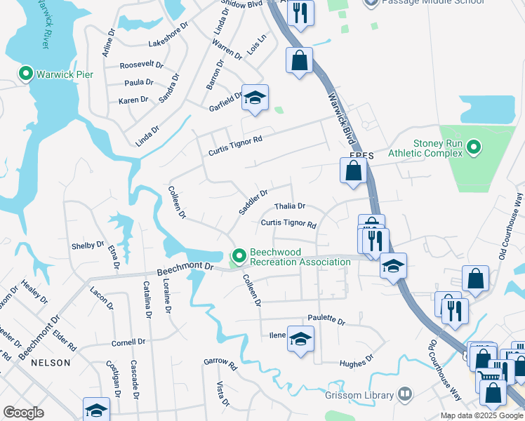 map of restaurants, bars, coffee shops, grocery stores, and more near 317 Thalia Drive in Newport News