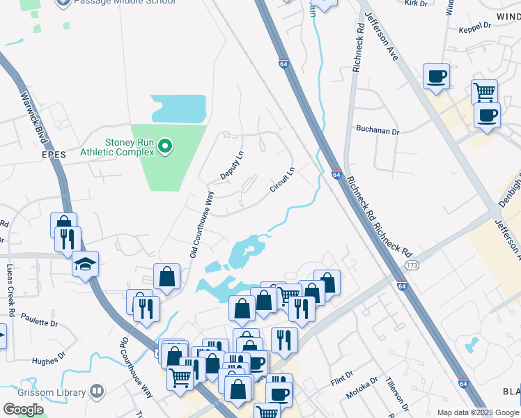 map of restaurants, bars, coffee shops, grocery stores, and more near 379 Circuit Lane in Newport News