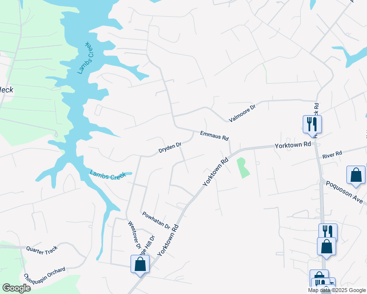 map of restaurants, bars, coffee shops, grocery stores, and more near 7 Dryden Drive in Poquoson