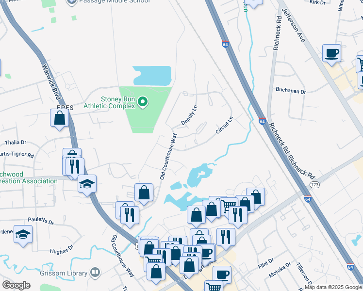 map of restaurants, bars, coffee shops, grocery stores, and more near 396 Circuit Lane in Newport News