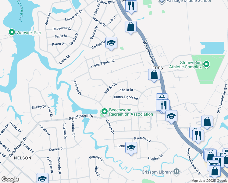 map of restaurants, bars, coffee shops, grocery stores, and more near 317 Thalia Drive in Newport News