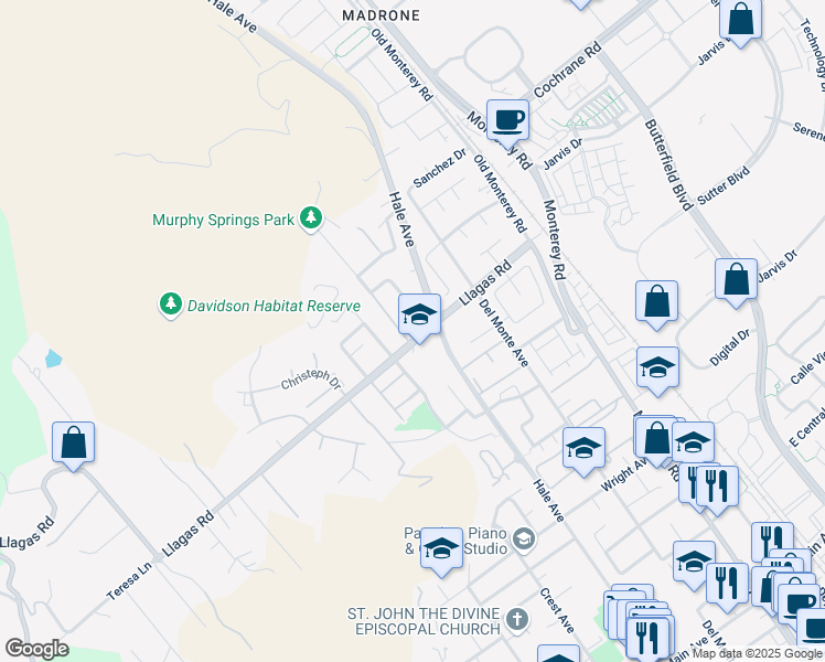 map of restaurants, bars, coffee shops, grocery stores, and more near 350 Fox Hollow Circle in Morgan Hill
