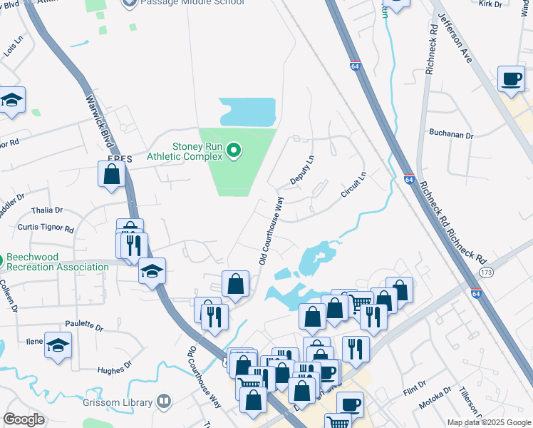 map of restaurants, bars, coffee shops, grocery stores, and more near 14571 Old Courthouse Way in Newport News