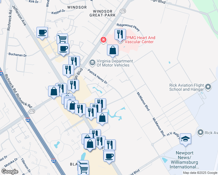 map of restaurants, bars, coffee shops, grocery stores, and more near 803 Horizon Lane in Newport News