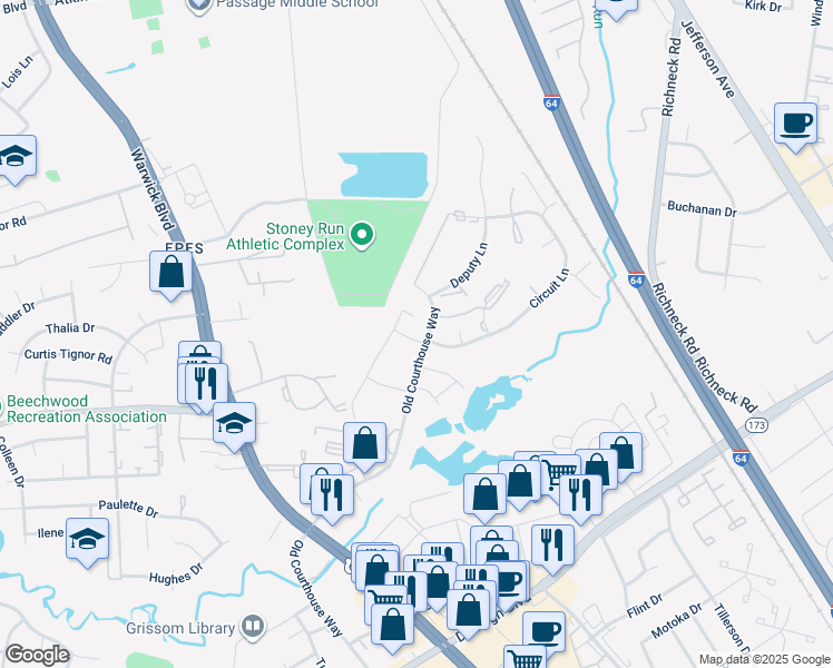 map of restaurants, bars, coffee shops, grocery stores, and more near 14571 Old Courthouse Way in Newport News