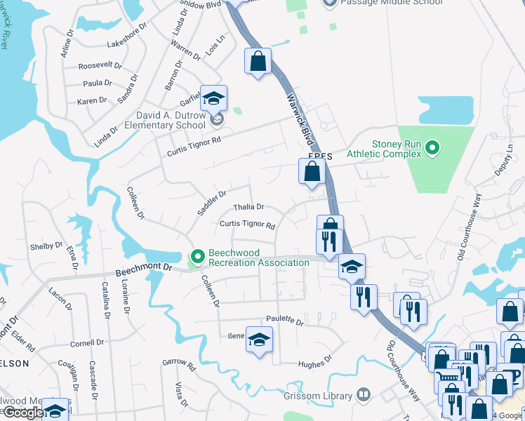map of restaurants, bars, coffee shops, grocery stores, and more near 338 Thalia Drive in Newport News