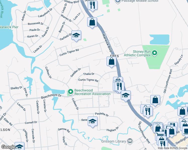 map of restaurants, bars, coffee shops, grocery stores, and more near 338 Thalia Drive in Newport News