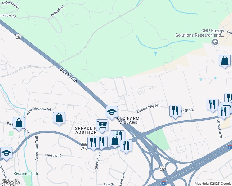 map of restaurants, bars, coffee shops, grocery stores, and more near 440 Village Lane in Christiansburg