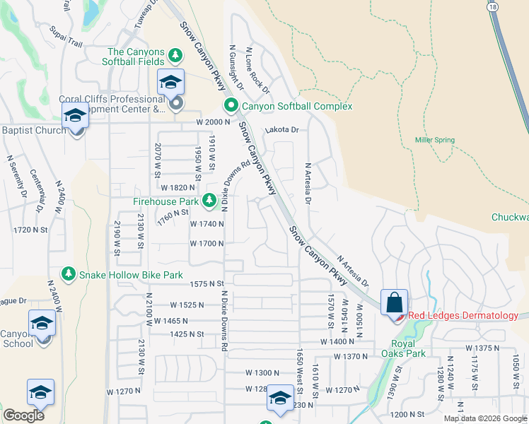 map of restaurants, bars, coffee shops, grocery stores, and more near 1795 Snow Canyon Parkway in St. George