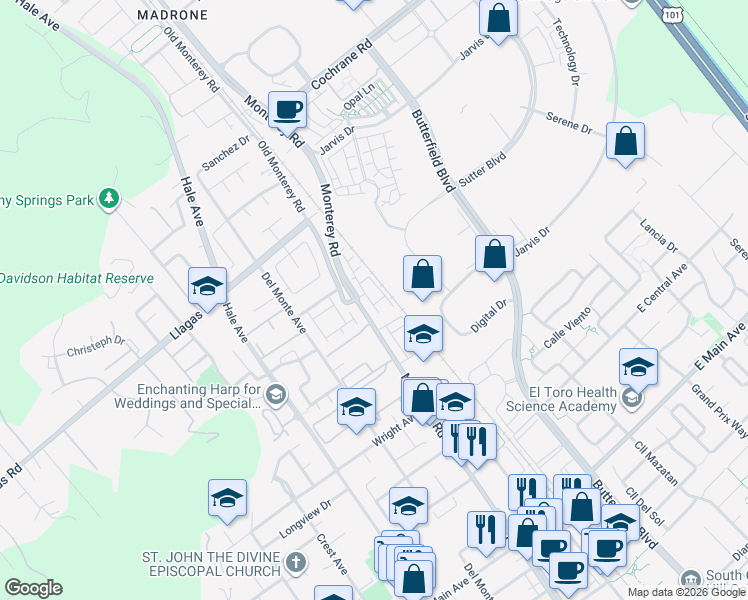map of restaurants, bars, coffee shops, grocery stores, and more near 18060 Monterey Road in Morgan Hill