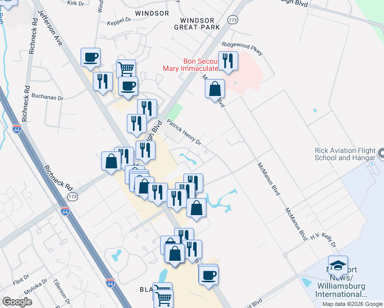 map of restaurants, bars, coffee shops, grocery stores, and more near 12888 Daybreak Circle in Newport News