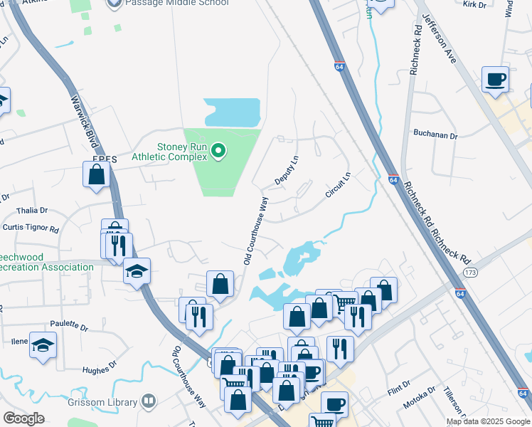 map of restaurants, bars, coffee shops, grocery stores, and more near 398 Circuit Lane in Newport News
