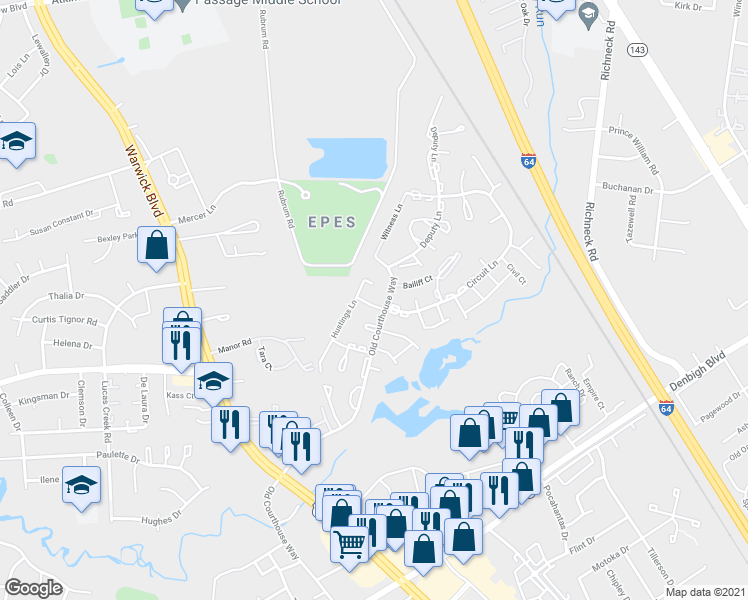 map of restaurants, bars, coffee shops, grocery stores, and more near 410 Hustings Lane in Newport News