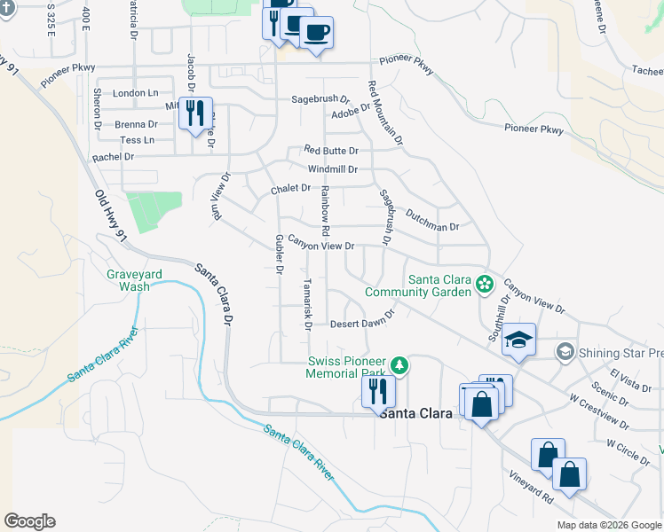 map of restaurants, bars, coffee shops, grocery stores, and more near 1750 Rainbow Road in Santa Clara