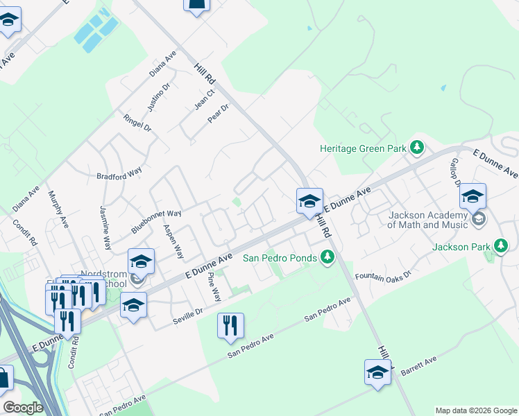 map of restaurants, bars, coffee shops, grocery stores, and more near 17110 Linda Mesa Drive in Morgan Hill