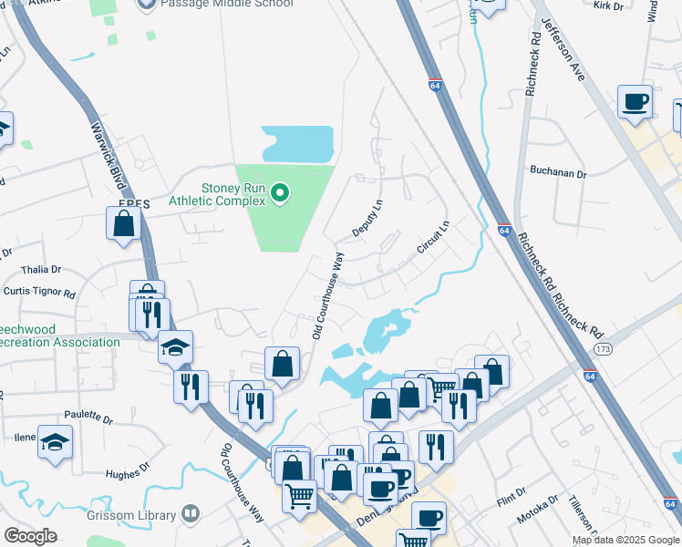 map of restaurants, bars, coffee shops, grocery stores, and more near 398 Circuit Lane in Newport News