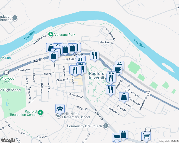 map of restaurants, bars, coffee shops, grocery stores, and more near in Radford