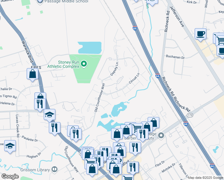 map of restaurants, bars, coffee shops, grocery stores, and more near 394 Circuit Lane in Newport News