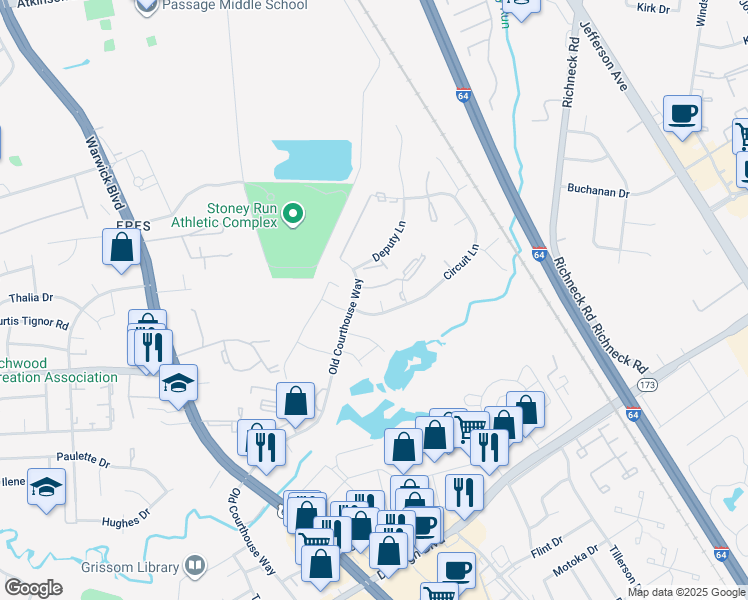 map of restaurants, bars, coffee shops, grocery stores, and more near 396 Circuit Lane in Newport News