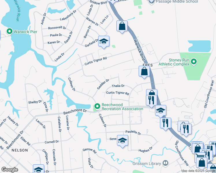 map of restaurants, bars, coffee shops, grocery stores, and more near 319 Thalia Drive in Newport News