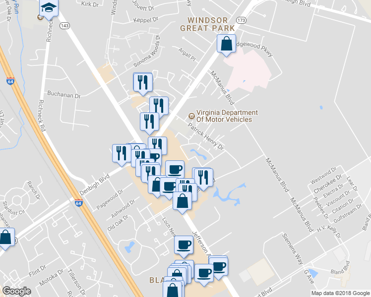 map of restaurants, bars, coffee shops, grocery stores, and more near 12647 Daybreak Circle in Newport News