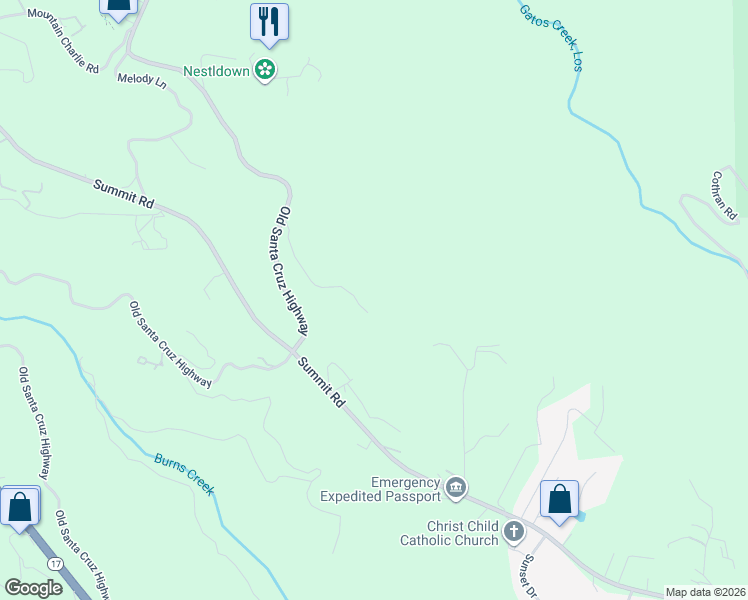map of restaurants, bars, coffee shops, grocery stores, and more near 22700 Old Santa Cruz Highway in Los Gatos