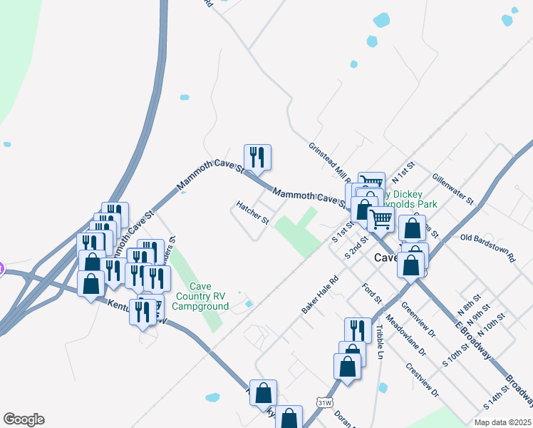 map of restaurants, bars, coffee shops, grocery stores, and more near 108 Reynolds Street in Cave City