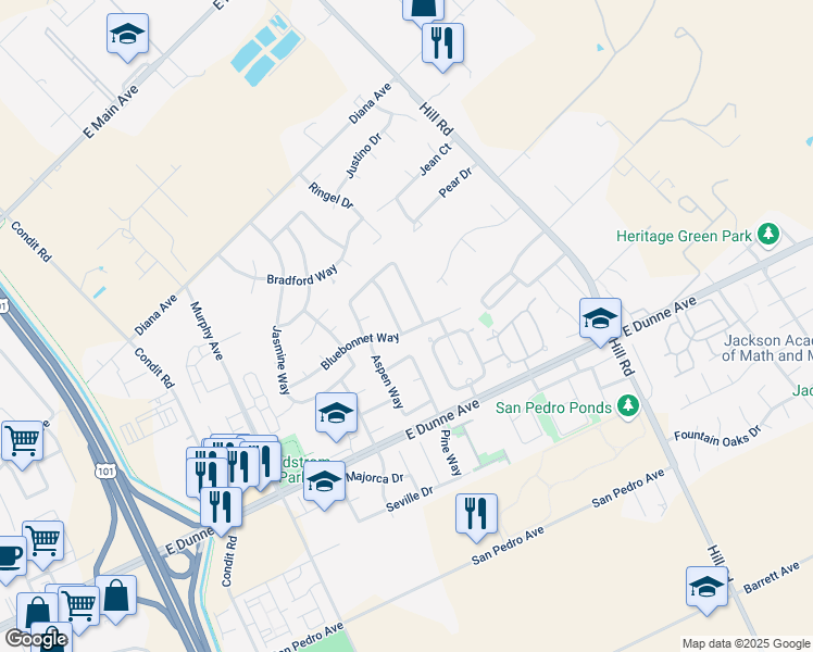 map of restaurants, bars, coffee shops, grocery stores, and more near 17160 Birch Way in Morgan Hill