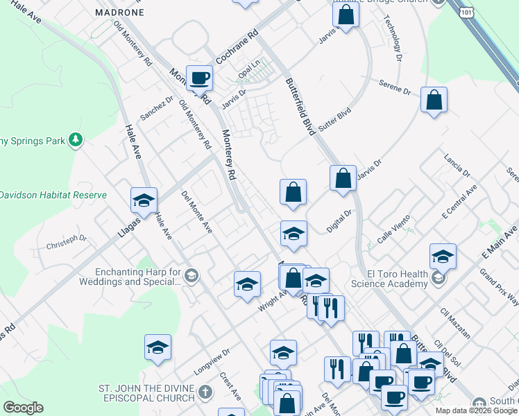 map of restaurants, bars, coffee shops, grocery stores, and more near 18060 Monterey Road in Morgan Hill