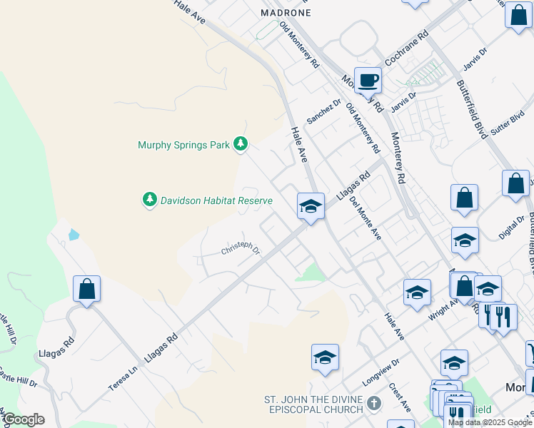map of restaurants, bars, coffee shops, grocery stores, and more near 18353 Carriage Drive in Morgan Hill