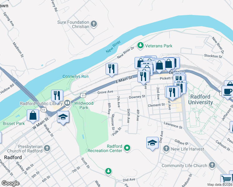 map of restaurants, bars, coffee shops, grocery stores, and more near 1700 7th Avenue in Radford
