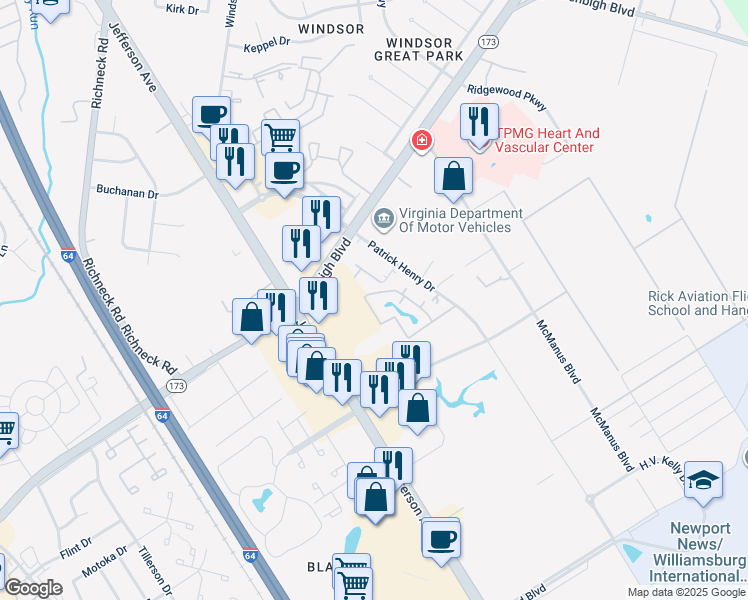map of restaurants, bars, coffee shops, grocery stores, and more near 12643 Daybreak Circle in Newport News