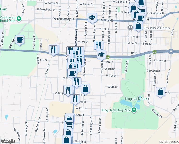 map of restaurants, bars, coffee shops, grocery stores, and more near 811 West 7th Street in Webb City