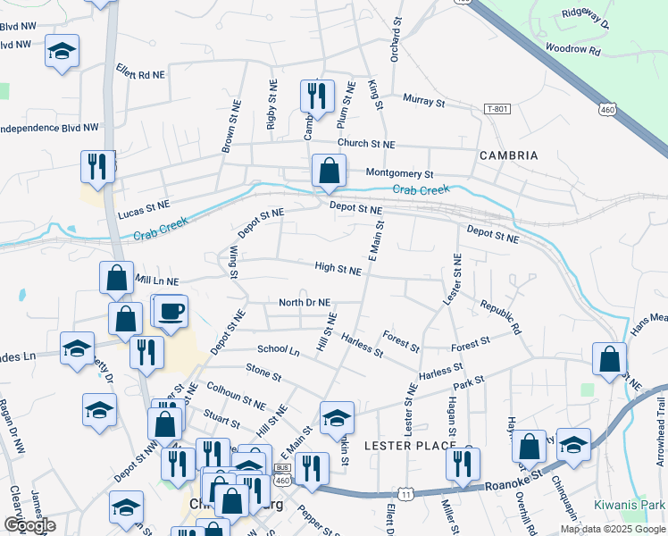 map of restaurants, bars, coffee shops, grocery stores, and more near 685 High Street Northeast in Christiansburg