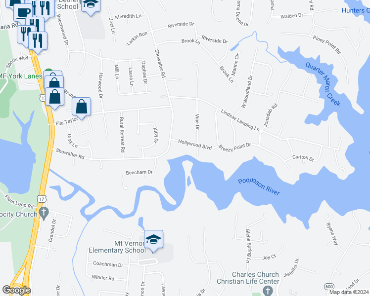 map of restaurants, bars, coffee shops, grocery stores, and more near 108 Hollywood Boulevard in Yorktown