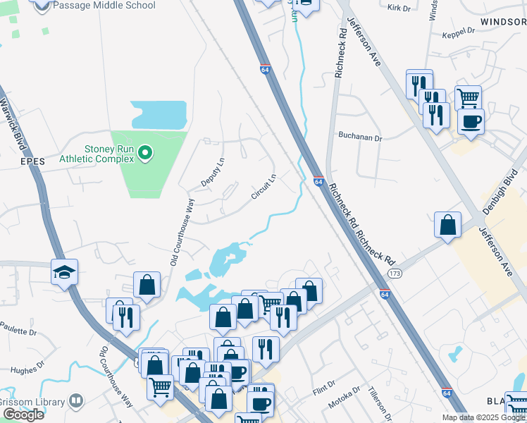 map of restaurants, bars, coffee shops, grocery stores, and more near 365 Circuit Lane in Newport News