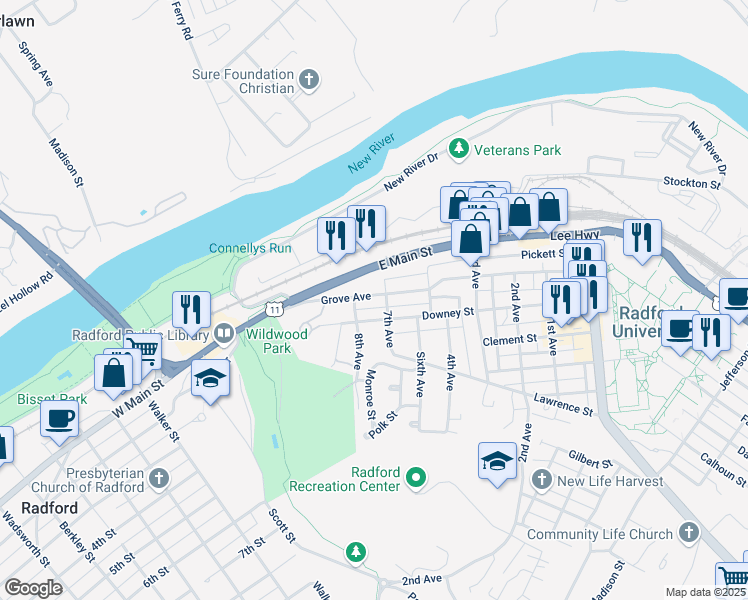 map of restaurants, bars, coffee shops, grocery stores, and more near 1707 Grove Avenue in Radford